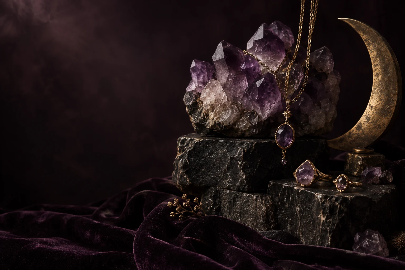 Illustratives Stillleben mit Amethyst, Goldschmuck, dunklem Stein und Samt